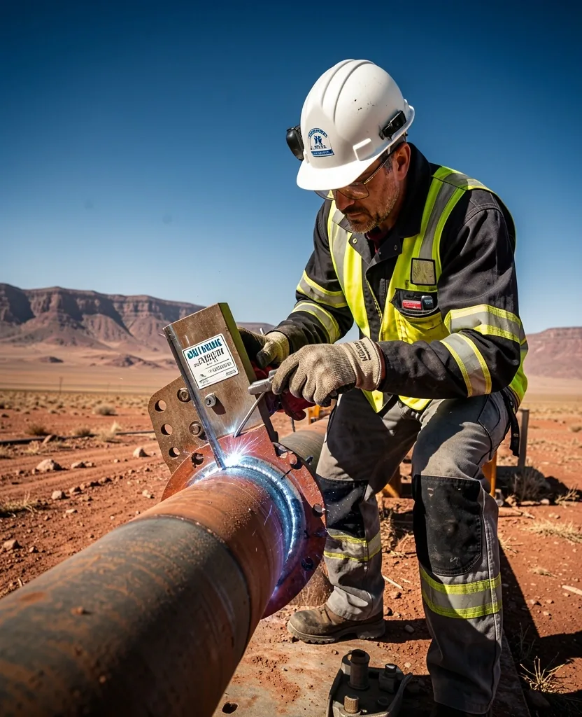 Soldador certificado trabajando en uniones de gasoducto