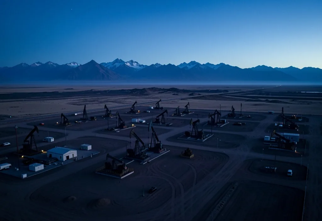 Campo petrolero en la Patagonia argentina al atardecer