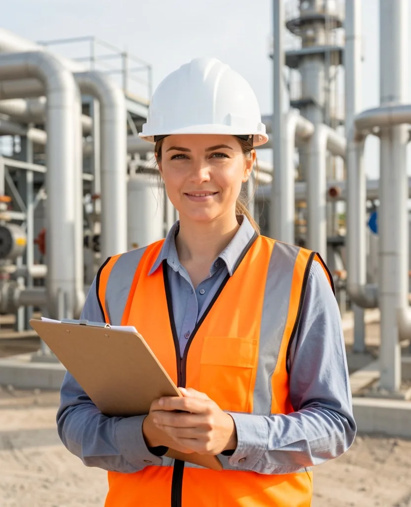 Ingeniera de petróleo con casco y chaleco de seguridad en planta procesadora