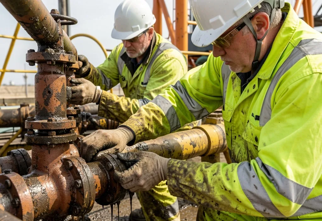 Operarios petroleros realizando mantenimiento en plataforma de perforación