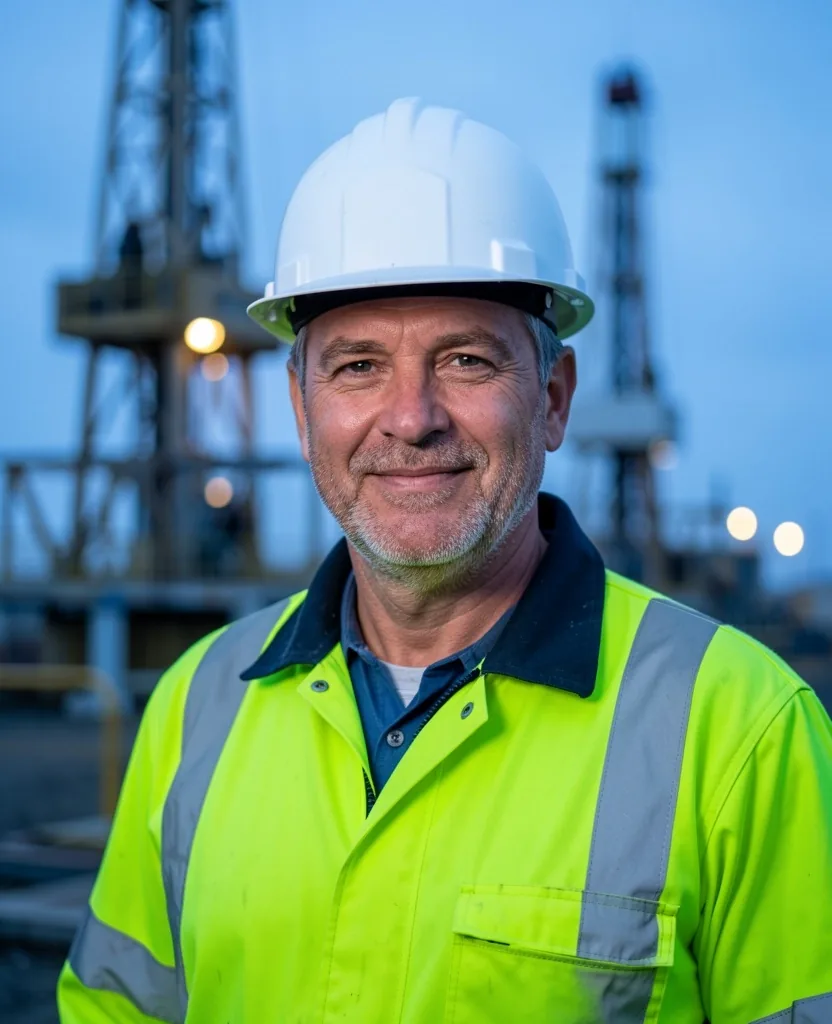 Trabajador petrolero con casco y equipamiento de alta visibilidad