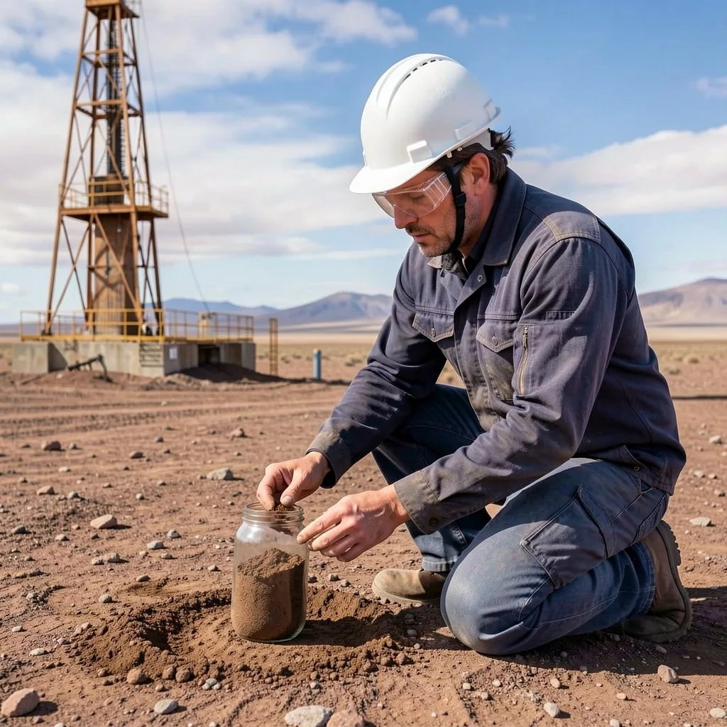 Especialista ambiental tomando muestra de suelo cerca de locación petrolera