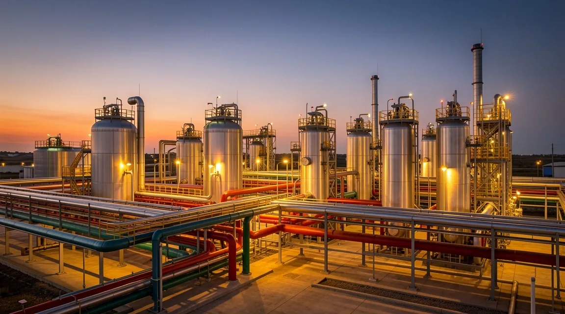 Planta de tratamiento de hidrocarburos al anochecer