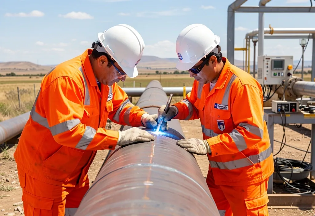 Técnicos inspeccionando soldadura en ducto de gas