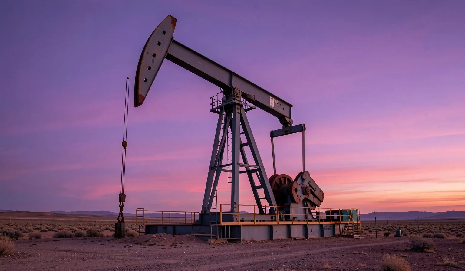 Plataforma petrolera en Cuerva argentina al atardecer