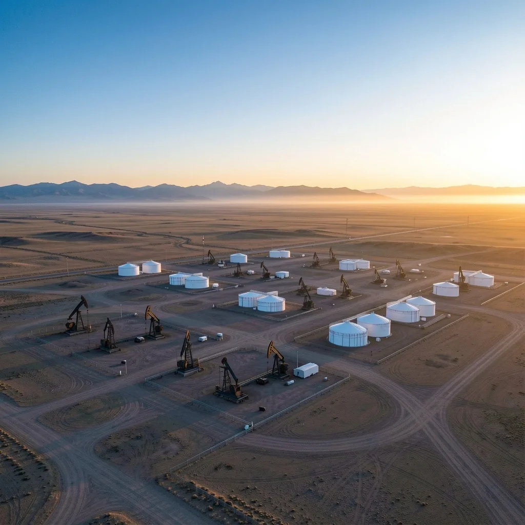 Vista aérea de yacimiento petrolero patagónico al amanecer