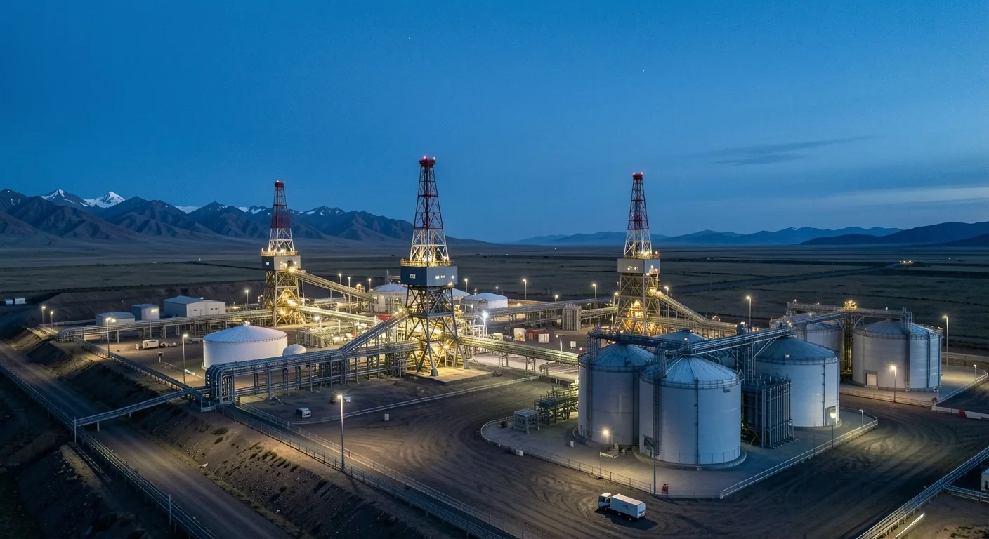 Plataforma de extracción petrolera al anochecer