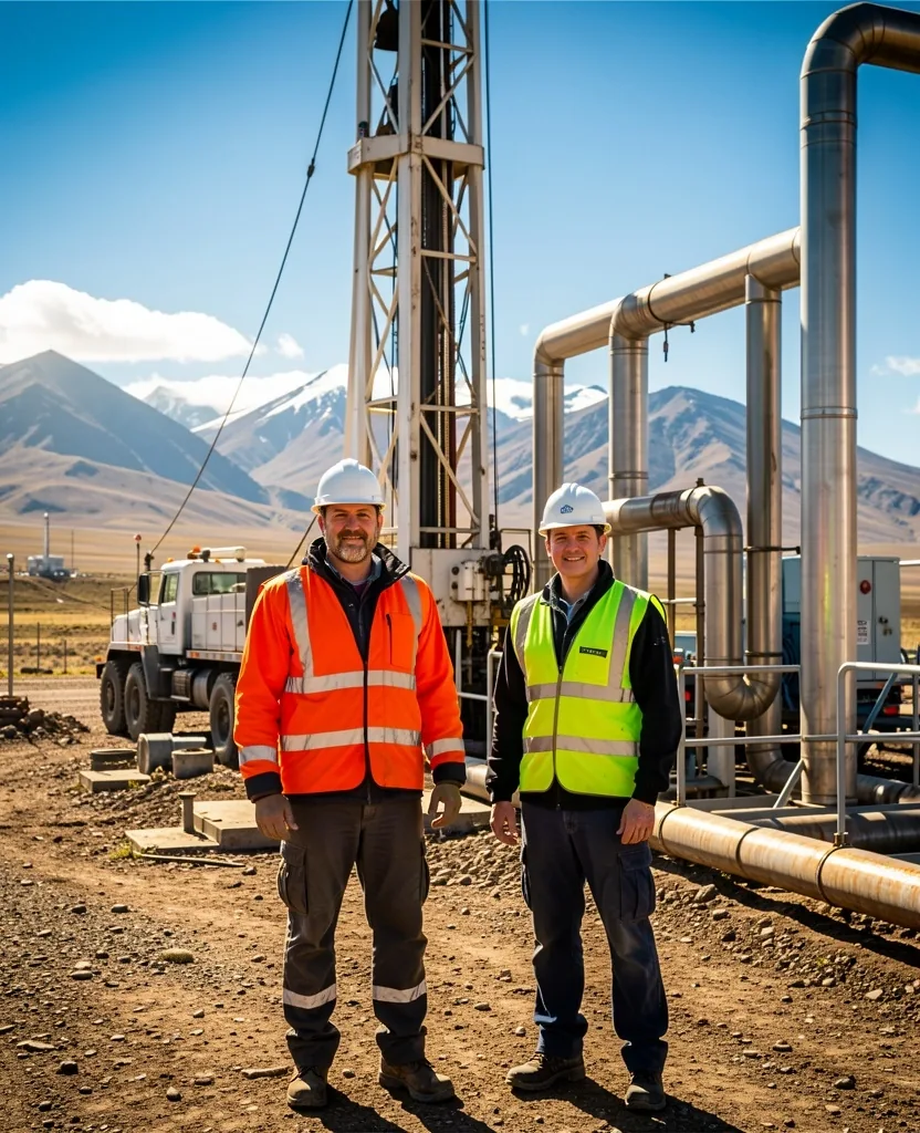 Ingenieros petroleros en campo con equipamiento de seguridad